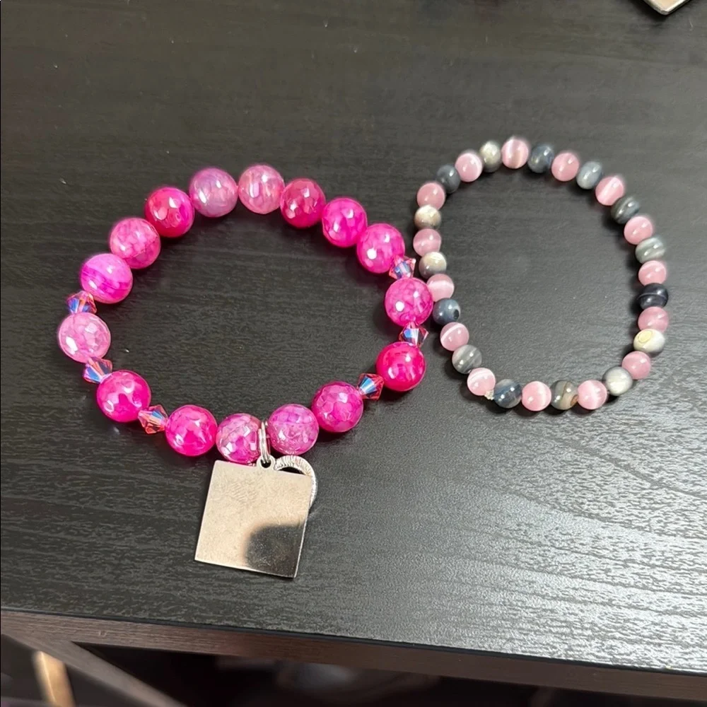 Pink and Gray Beaded Bracelets Set